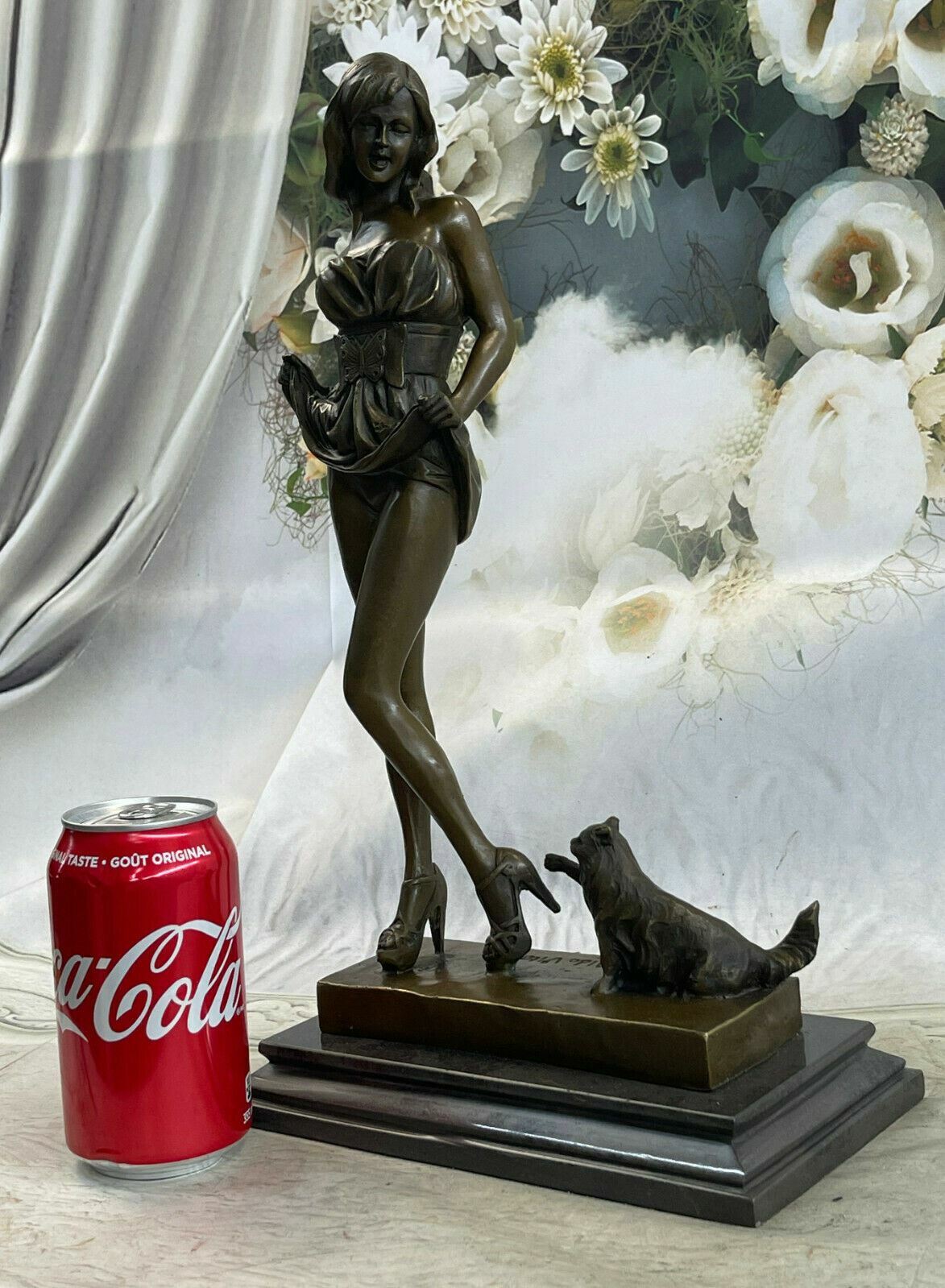 Art Deco Sexy Girl with Her Cat 100% Solid Bronze Sculpture Lost Wax Method DEAL