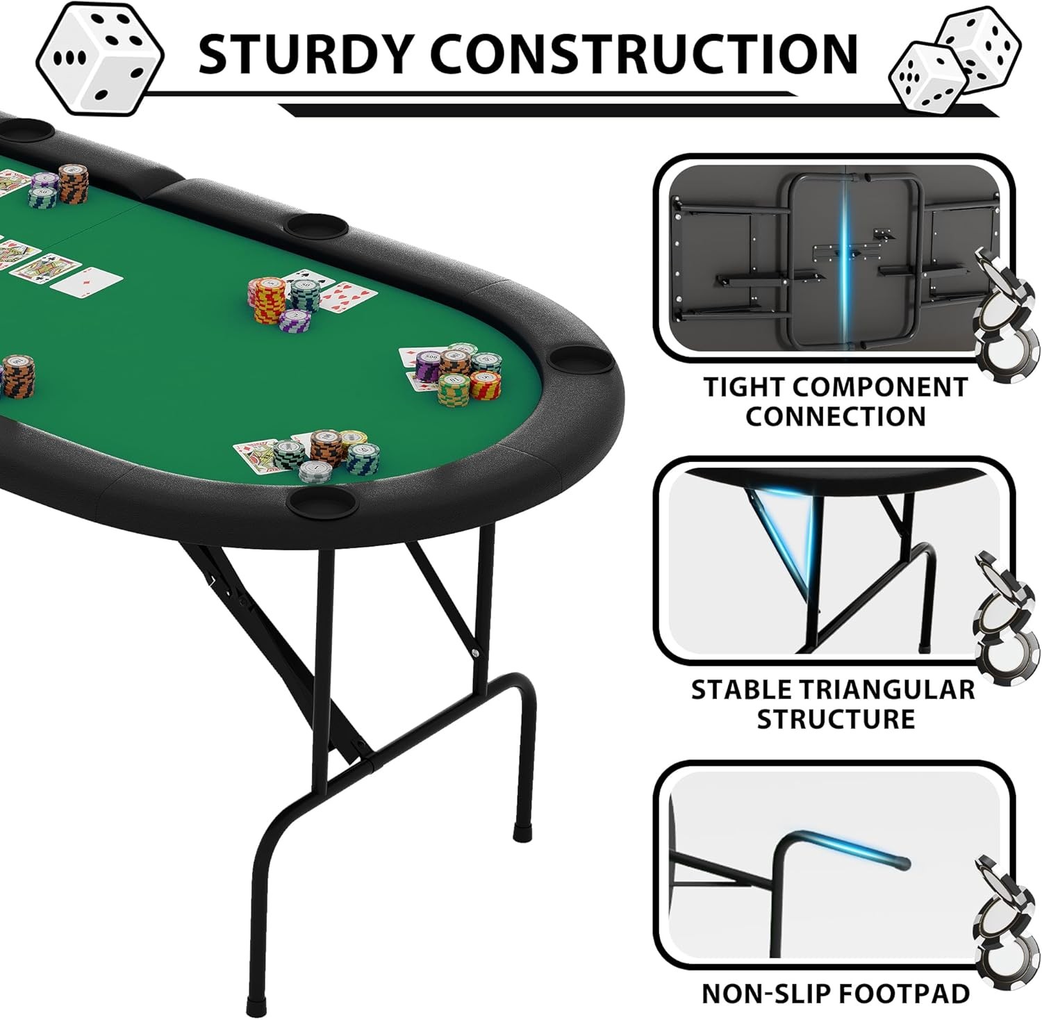 8 Player 71″ Oval Poker Table W/ Collapsible Legs Padded Rails Cup Holders Green