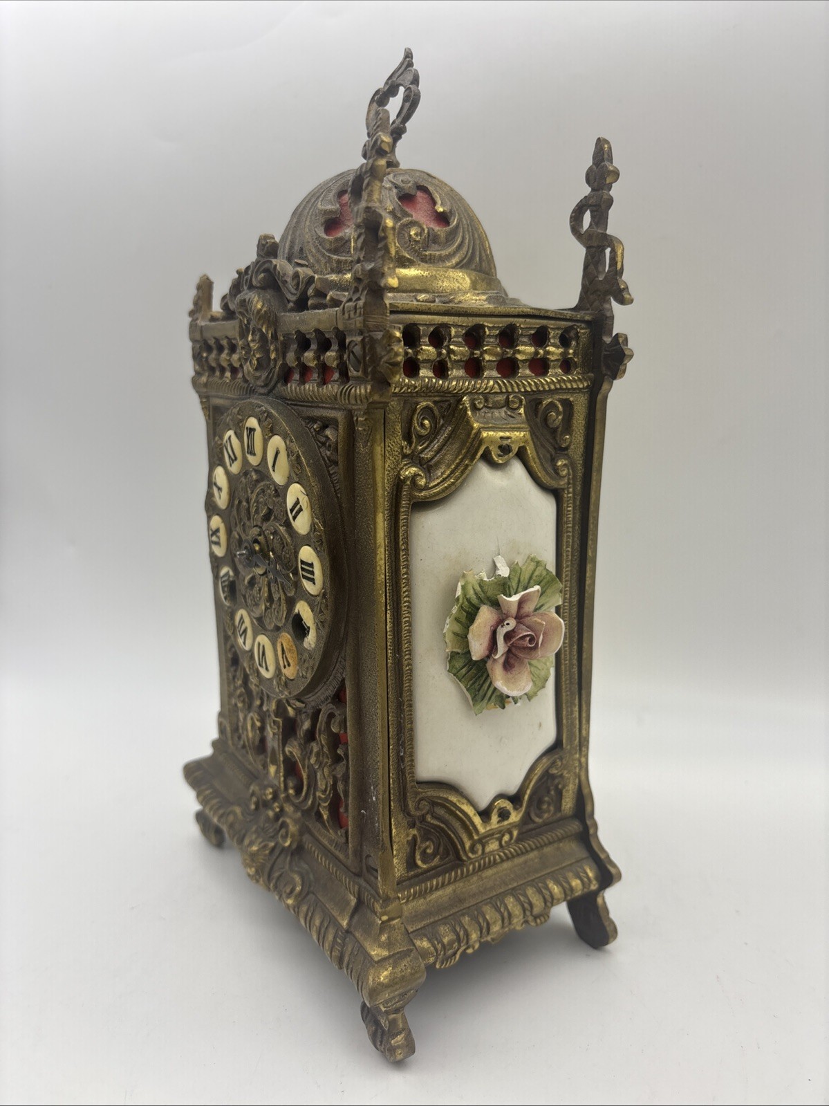 Antique Franz Hermle Ornate Brass Mantel Clock Mechanical 130-070 Roman Numerals