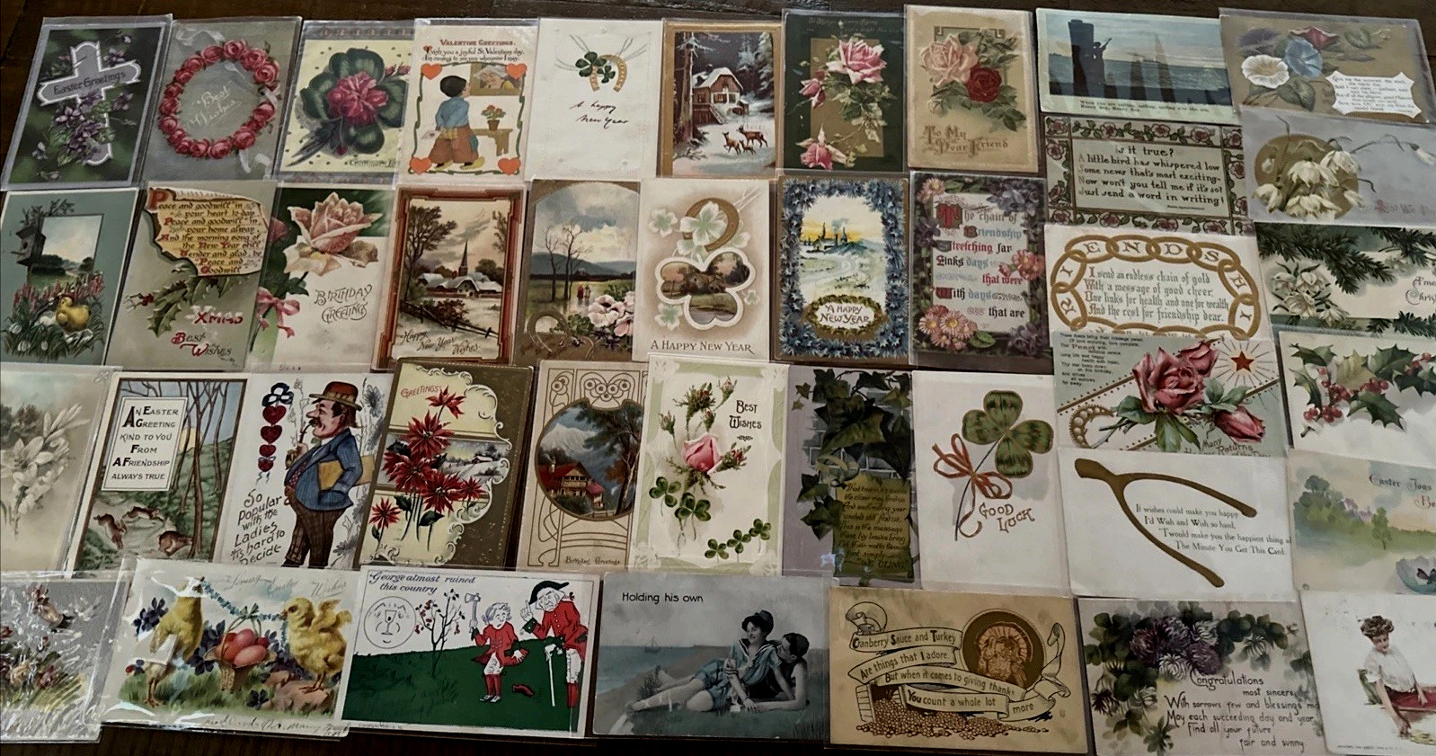 ~Lot of 43 Antique 1900’s~Mixed Topics Greetings Postcards~All with stamps-r826