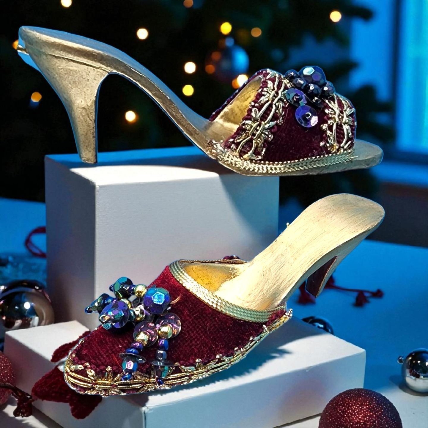 Red Velvet Shoe Ornaments Gold Trim Beaded Accent Tassel High Heel Runway Style