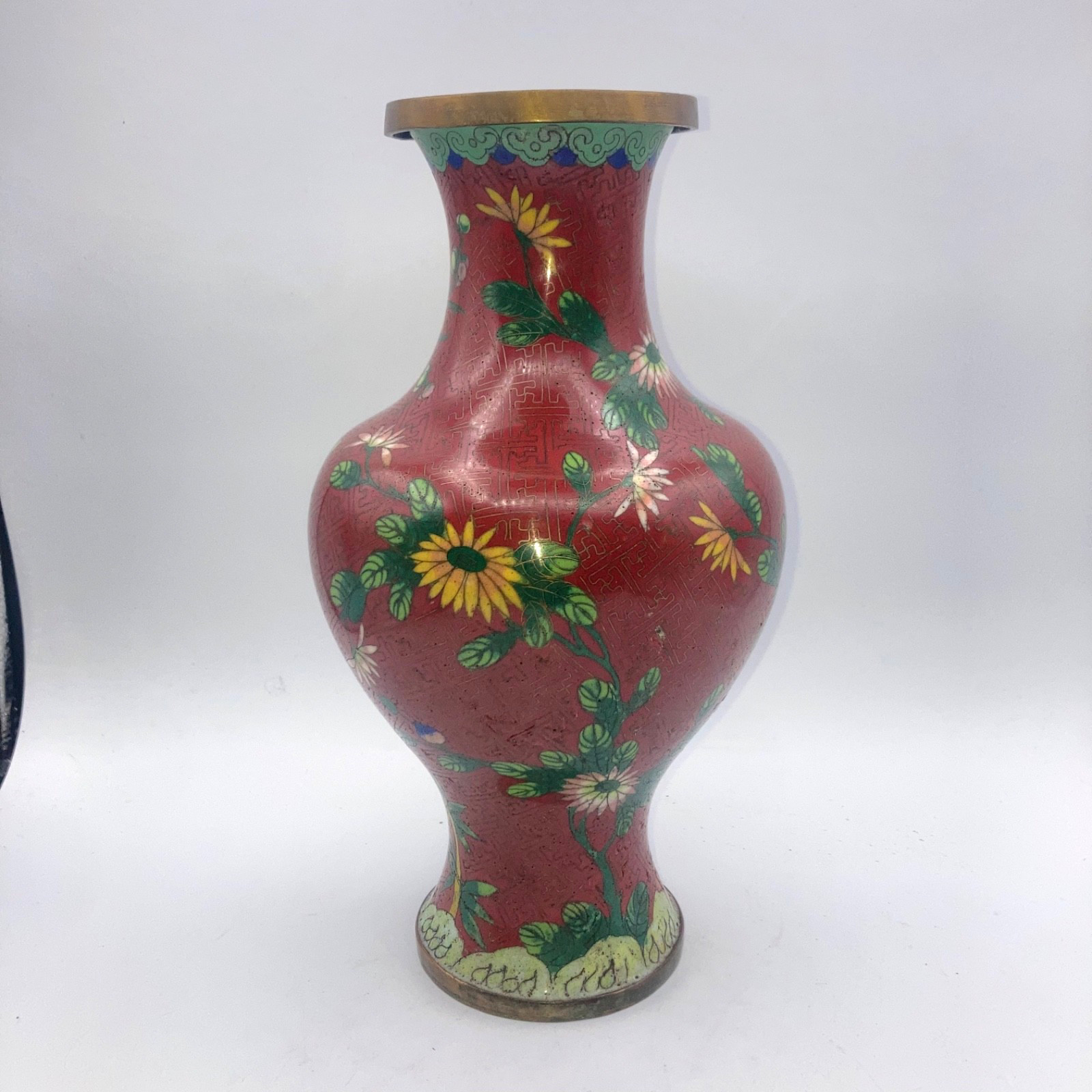 Vintage Cloisonne Vase Enameled Brass Dark Red With Floral 10″ High