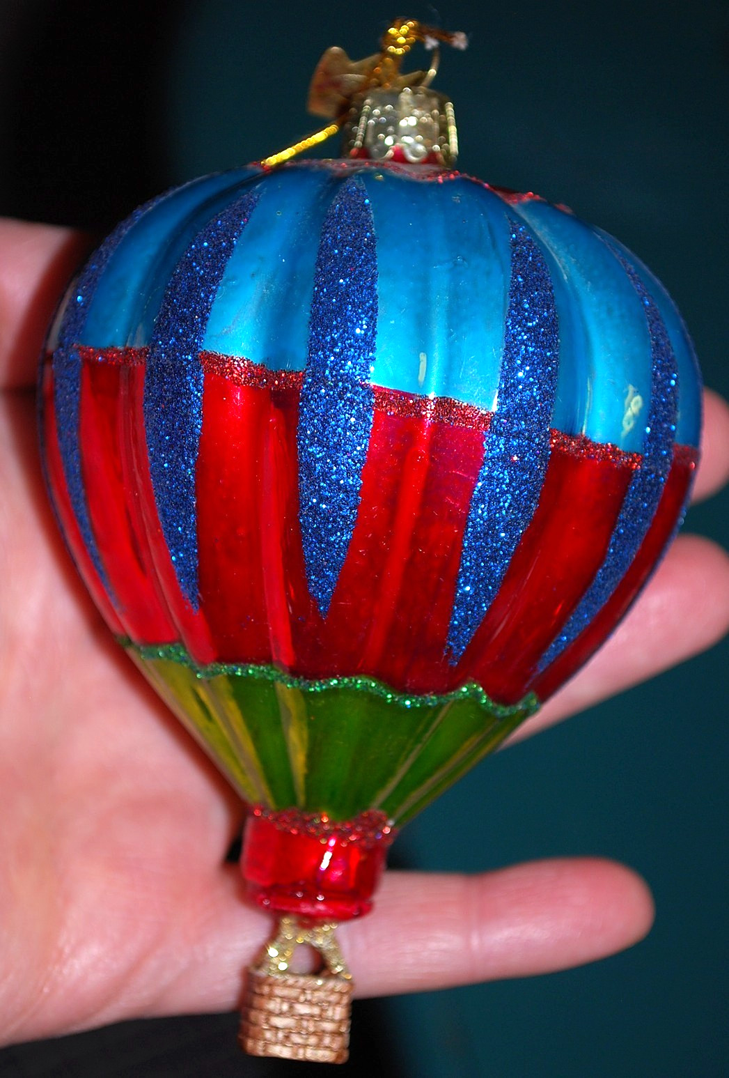 Kurt Adler Noble Gems HOT AIR BALLOON Glass Christmas Ornament MOUTH BLOWN Blue
