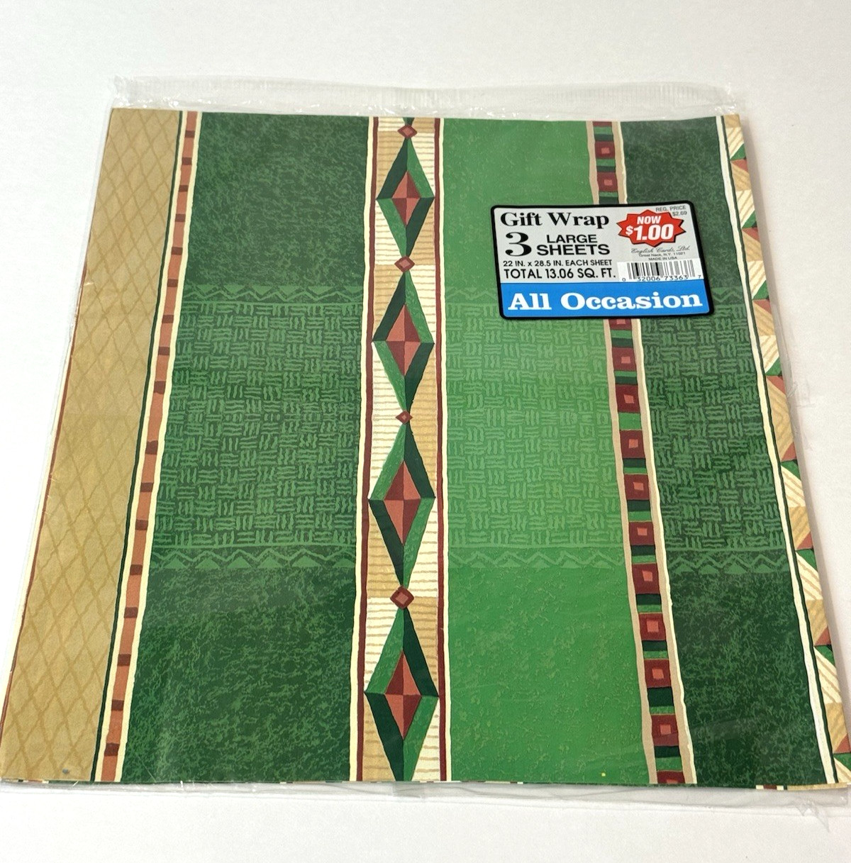 VTG English Cards Gift Wrap Green Geometric Southwestern 3 Sheets USA NOS READ