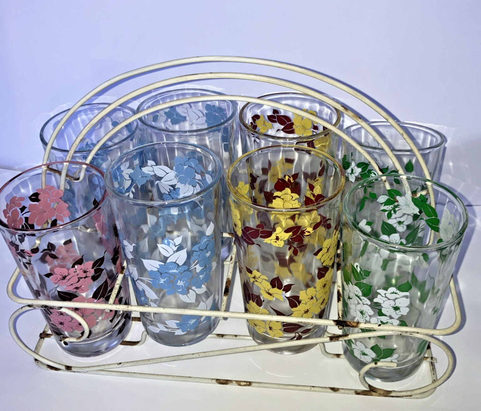 Vintage Set Of 8 Floral Glasses Tumblers In Wire Carrier Midcentury Modern MCM
