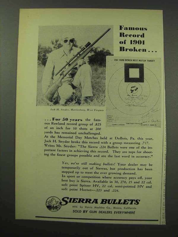 1950 Sierra Bullets Ad – Famous Record of 1901 Broken