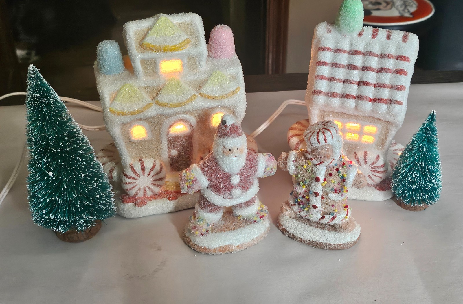 Vintage Glitter Gingerbread house set of 2 with figures and trees-6 inches tall