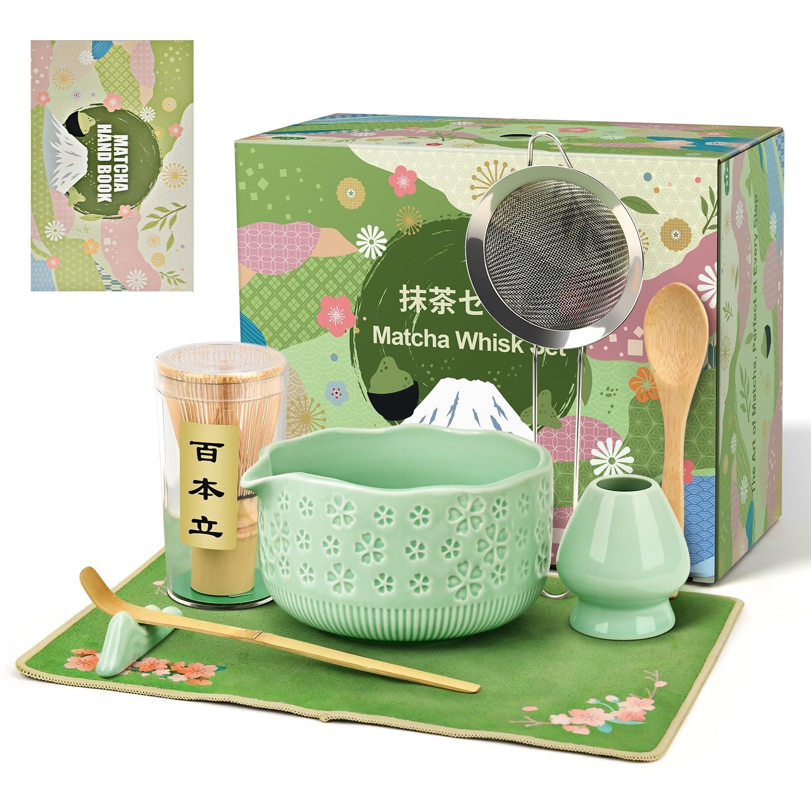 Matcha Whisk Set, 7 Pcs Making Kit with Bowl, Green