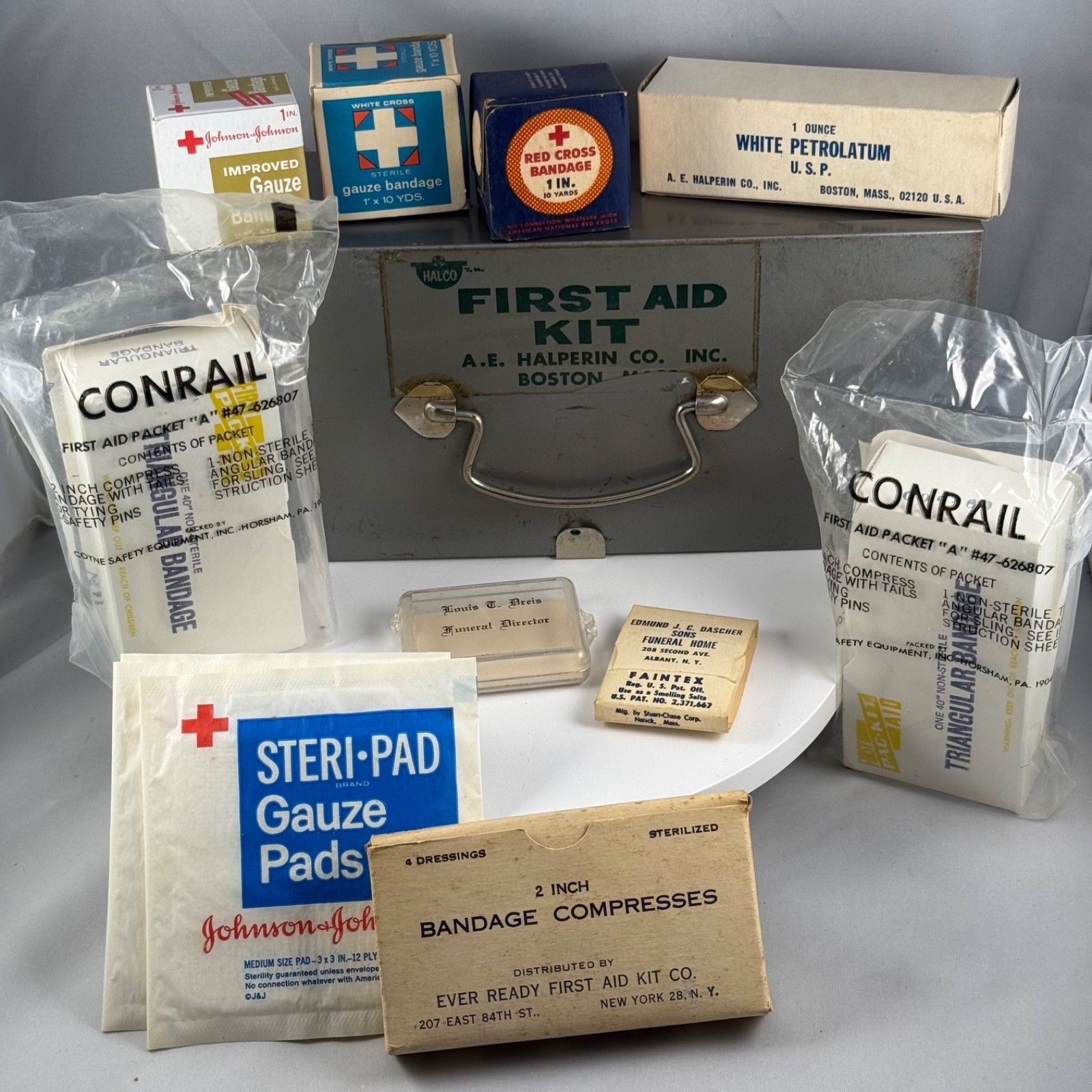 Vintage A.E. Halperin Halco Metal First Aid Kit w Supplies Conrail *See Details