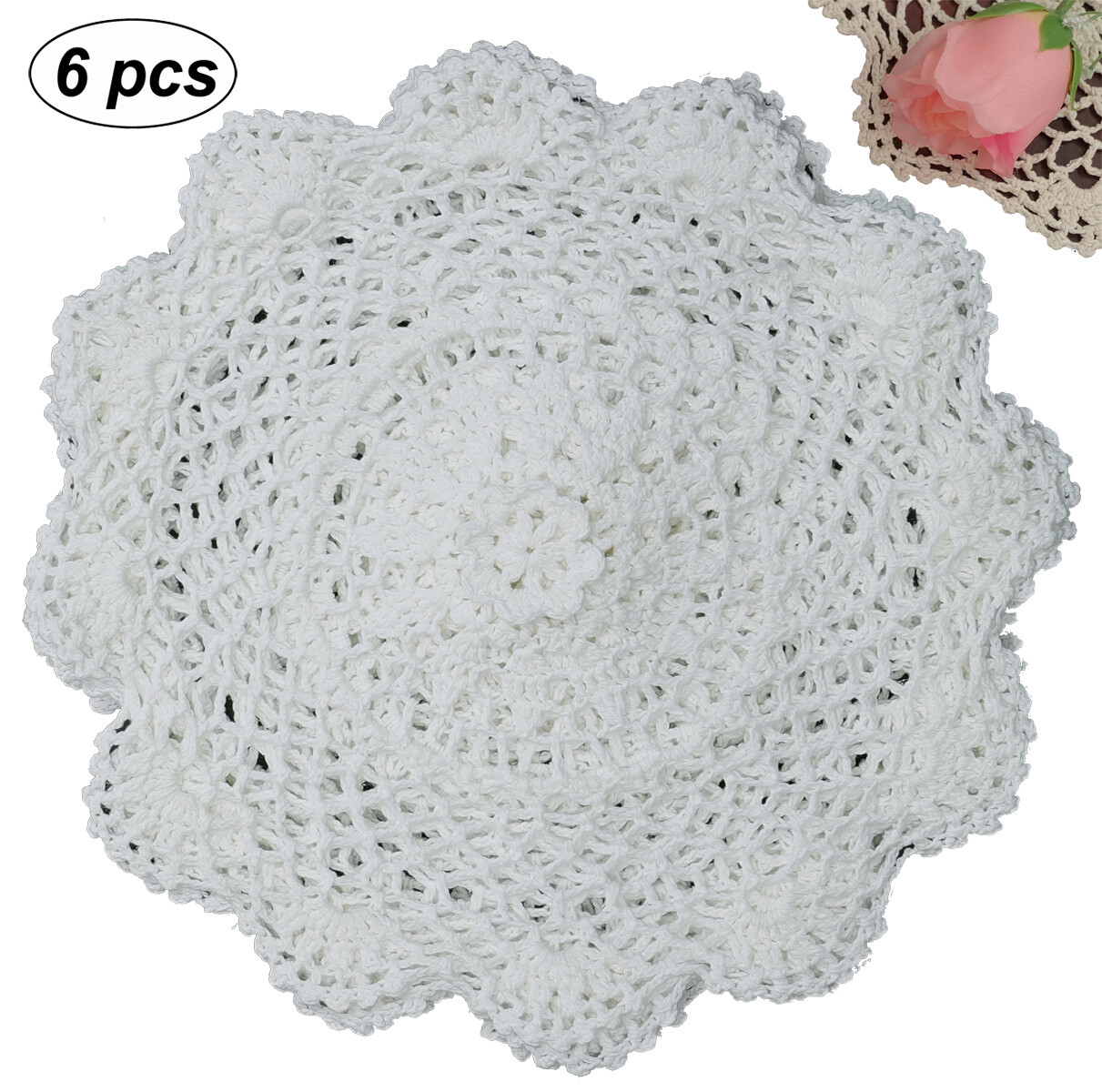6PCS 10″ Round Crochet Lace Doily WHITE 100% Cotton Handmade, Set of 6 Pieces