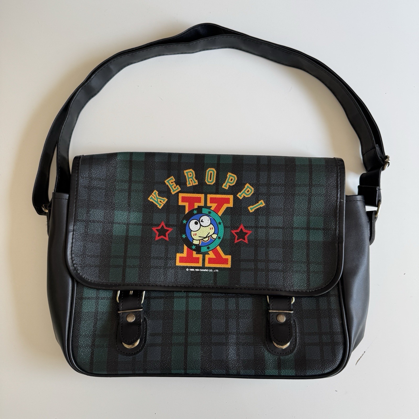 Vintage 90s Sanrio Keroppi Plaid Shoulder Messenger Courier School Bag 1994
