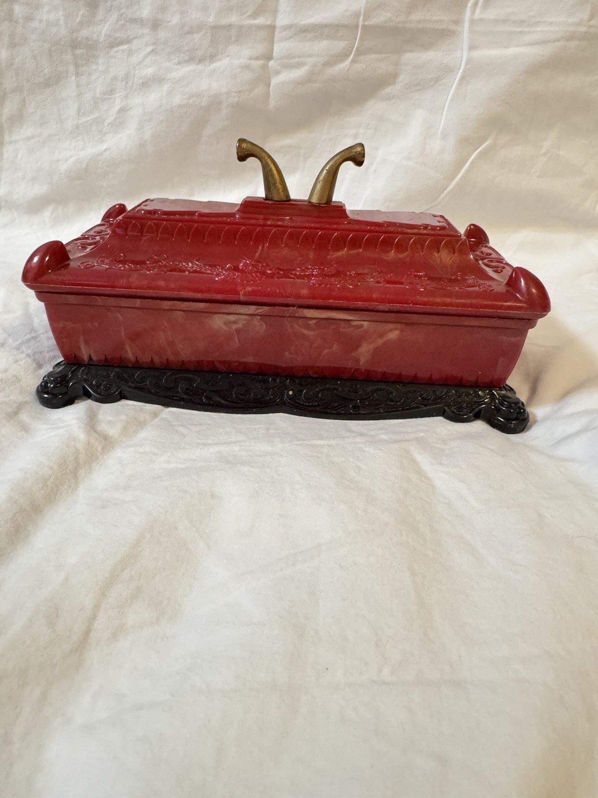 1940’s Asian Trinket Box, Red Marble Celluloid Bakelite Plastic, Replaced Handle