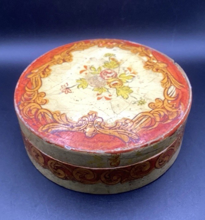 VTG Papier-Mâche Box W/ Lid Japan 6.25″ Diameter Orange Yellow Floral Decor