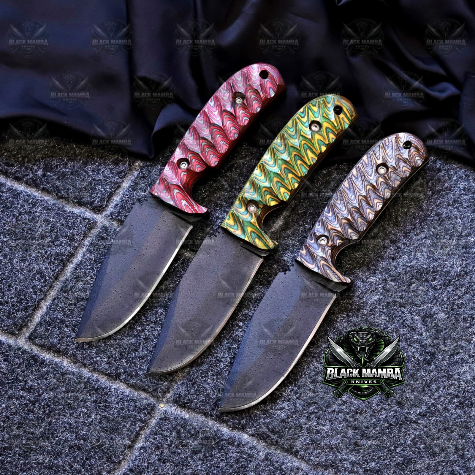 Set of 3 EDC Knives 8” 1095 High Carbon Steel Powder Coated Blades w/ Different