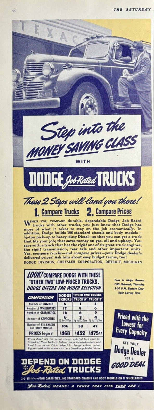 1940 Dodge Job Rated Trucks Compare Prices Chrysler Corp Detroit VTG Print Ad