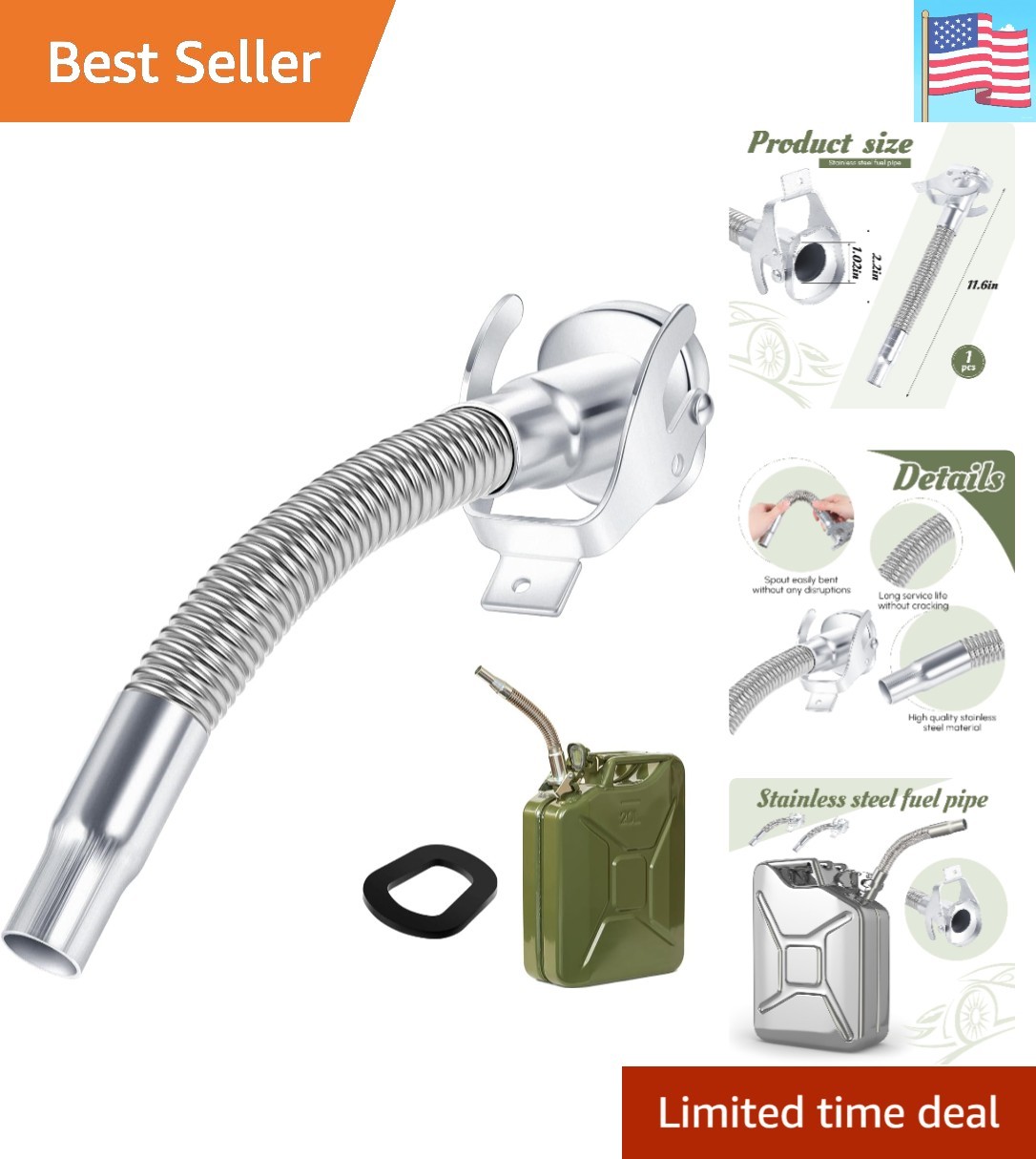 Versatile Flexible Jerry Can Spout – 11.6” Stainless Steel for NATO Cans-