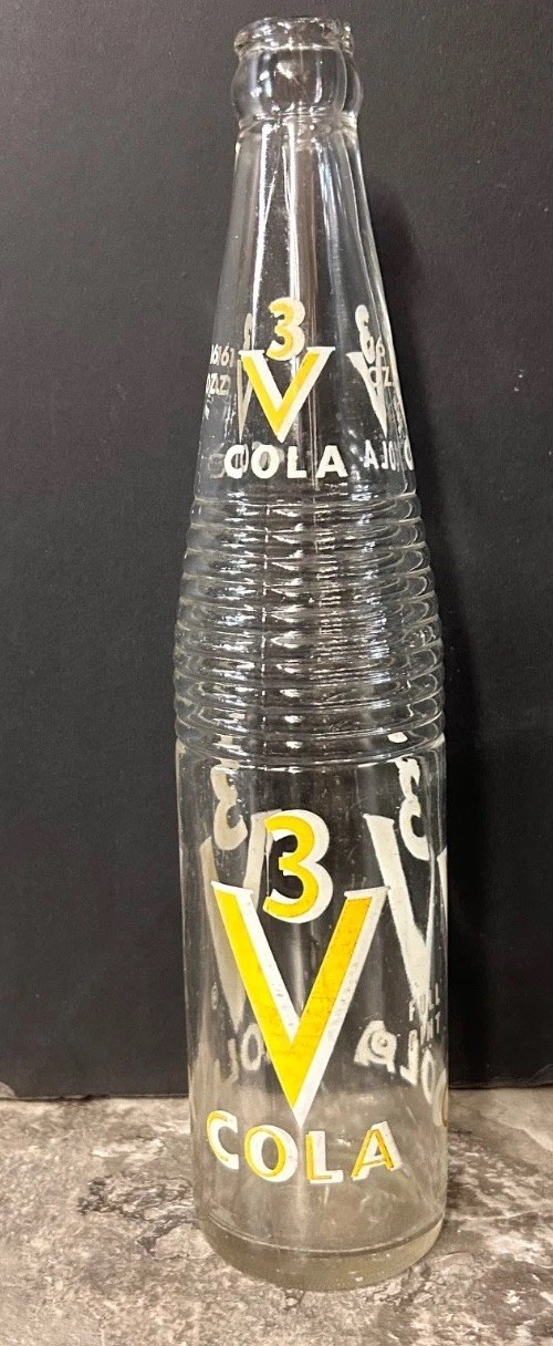 vintage ACL Soda Bottle: 3 V COLA in DISTINTIVE BOTTLE. – 10 oz ACL Chip On Top