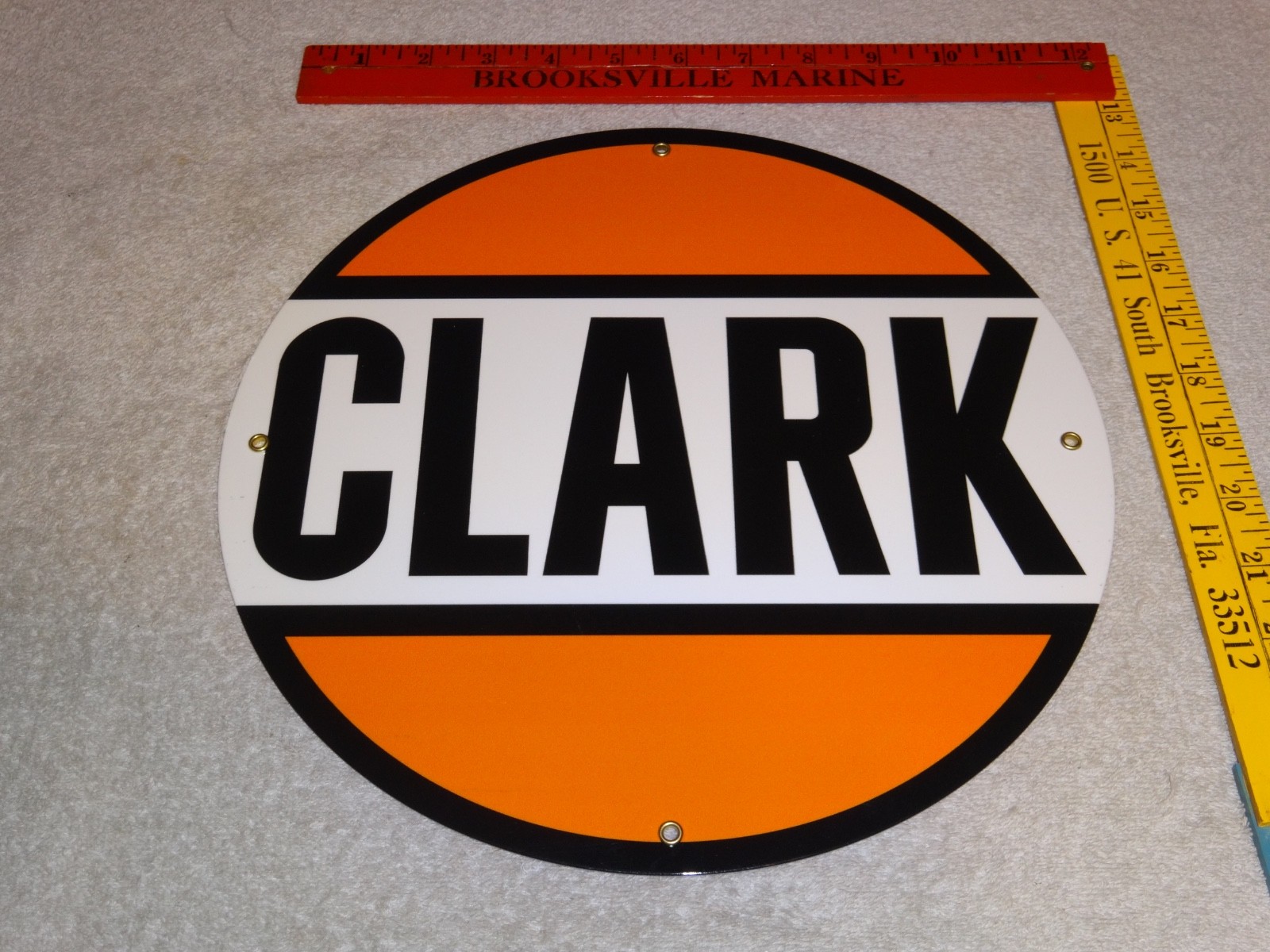 VINTAGE “CLARK GASOLINE” 11 3/4″ PORCELAIN METAL SERVICE STATION PUMP PLATE SIGN