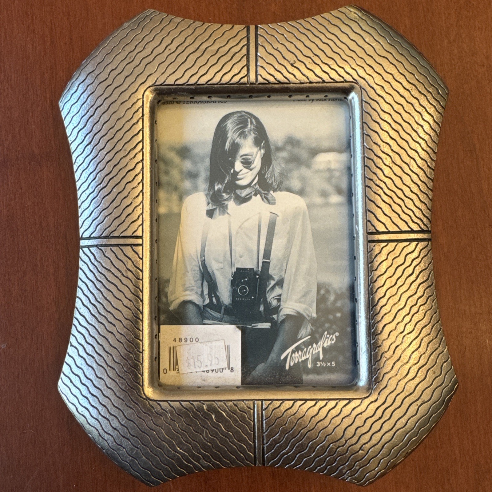 Terragrafics Vintage Metal Silver Engraved Stripes Picture Frame 3.5”x5” MCM