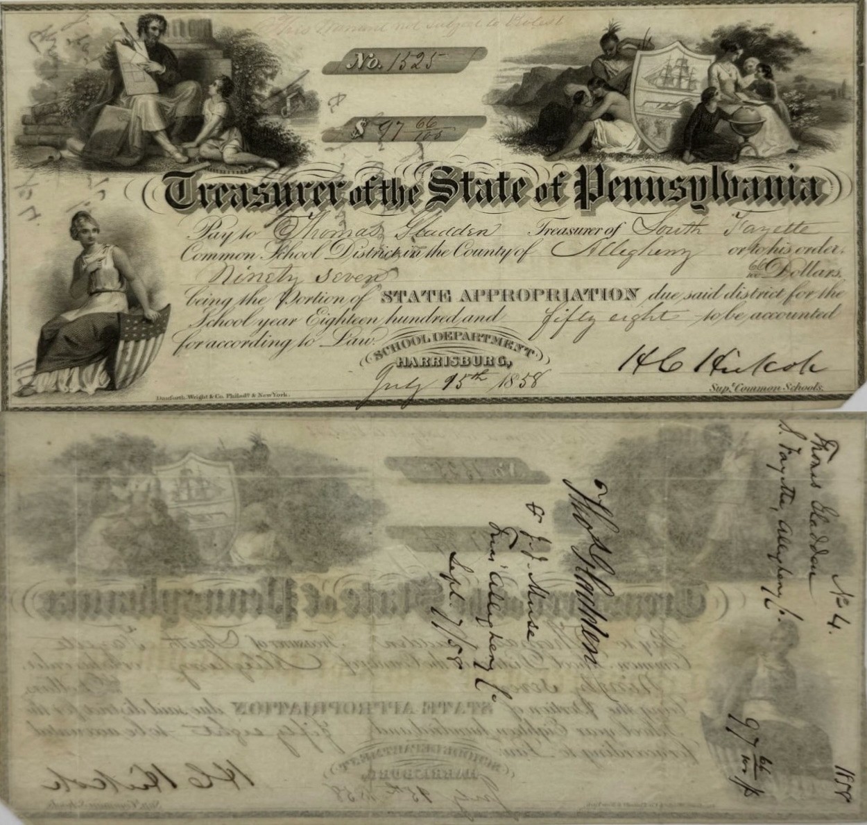 1858 Pennsylvania State Treasurer School Warrant Allegheny VF ((OM Stock))