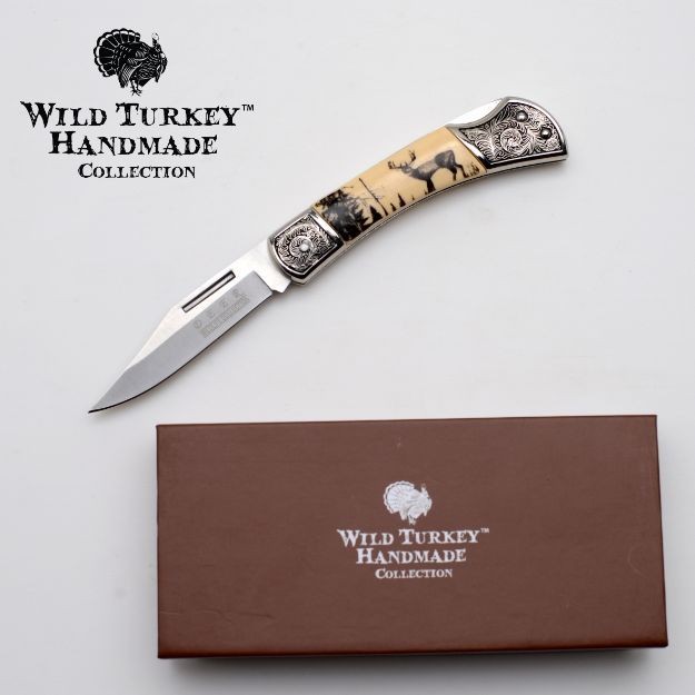 Wild Turkey Scrimshaw Manual Folding Knife-Deer Artwork Handle + Leaf Pattern