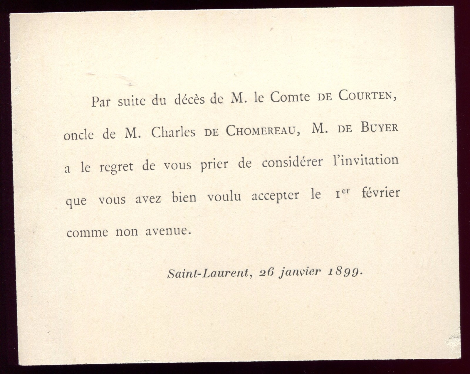 Bourgeoisie .Noblesse. carte de M. De Buyer . décès du Comte de Courten . 1899