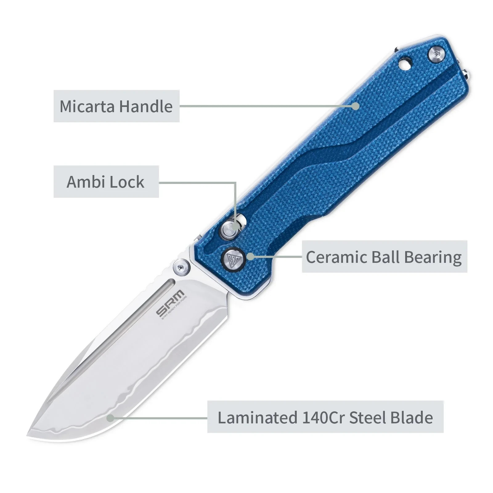 SRM Knives Rubik 7228B-ME2 Ambi Lock Blue Micarta Folding 140Cr Pocket Knife