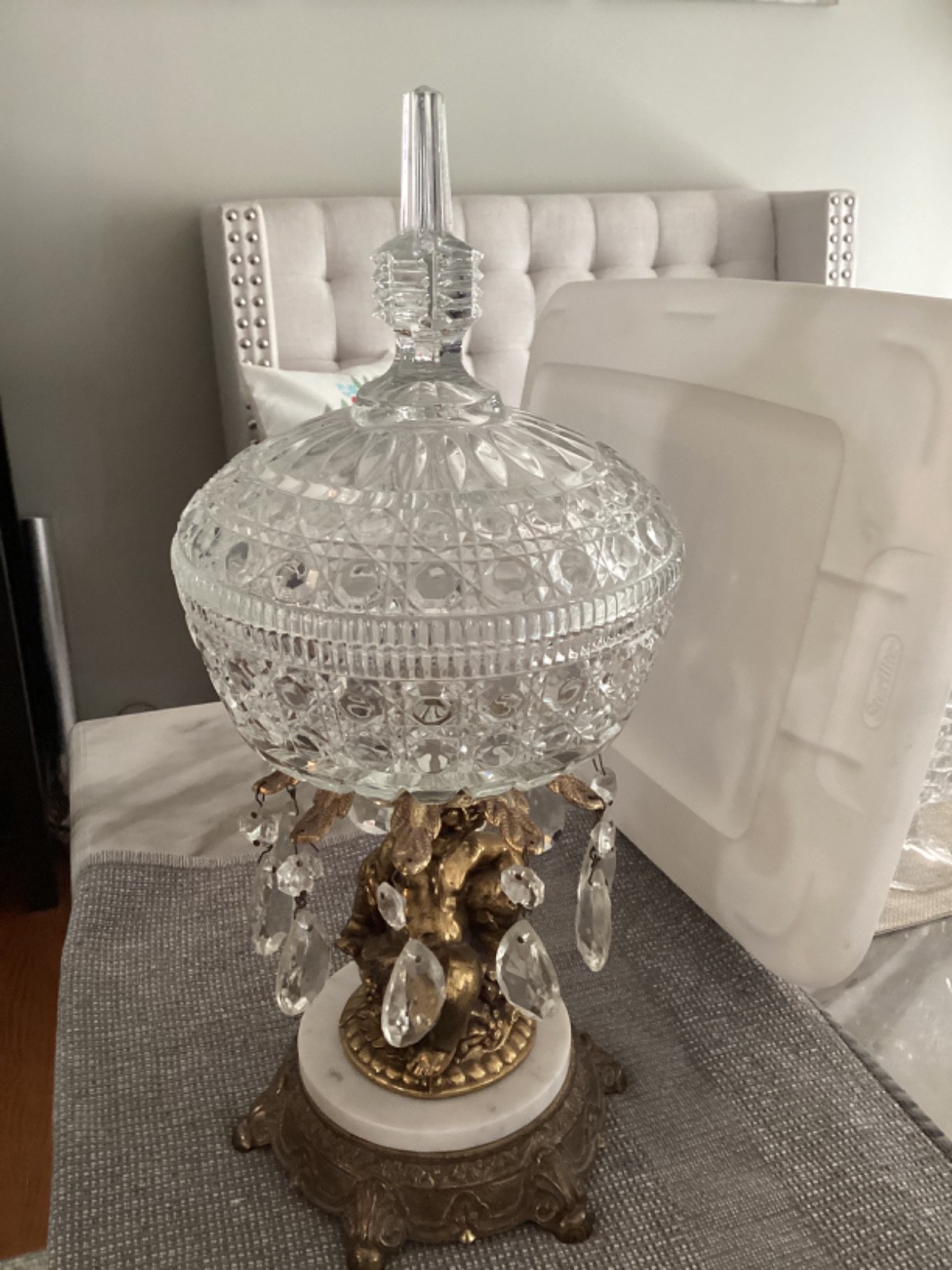 Vintage Etched Crystal Candy Dish w/Lid w/Brass Pedestal (Pre-Owned)