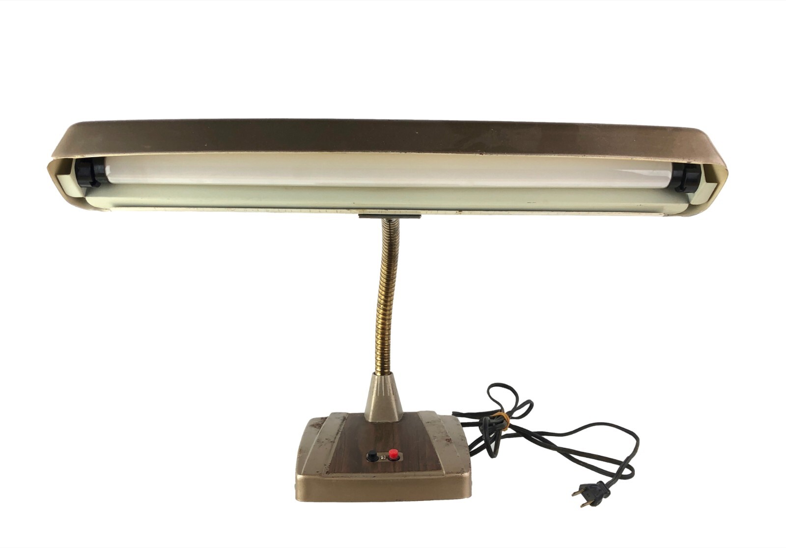 Vintage Classic Brown Metal 19″ Wide Gooseneck Desk Lamp 1950s Red Black Buttons