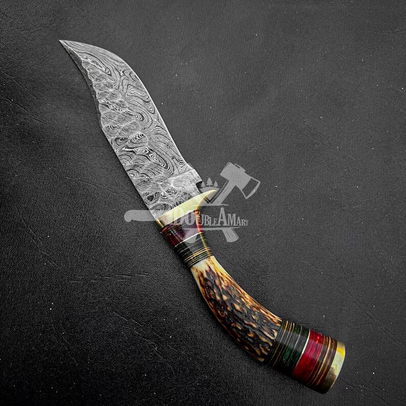 Custom Handmade Damascus Steel Hunting Skinner Knife Stag Antler Handle