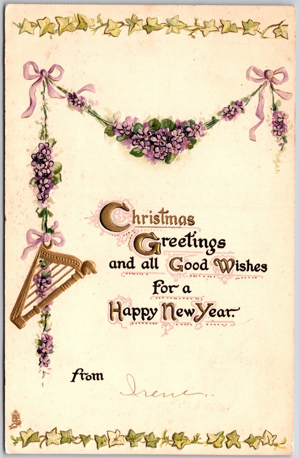 1910’s Christmas Greetings Flower Chain Petals Ivy Leaves Posted Postcard