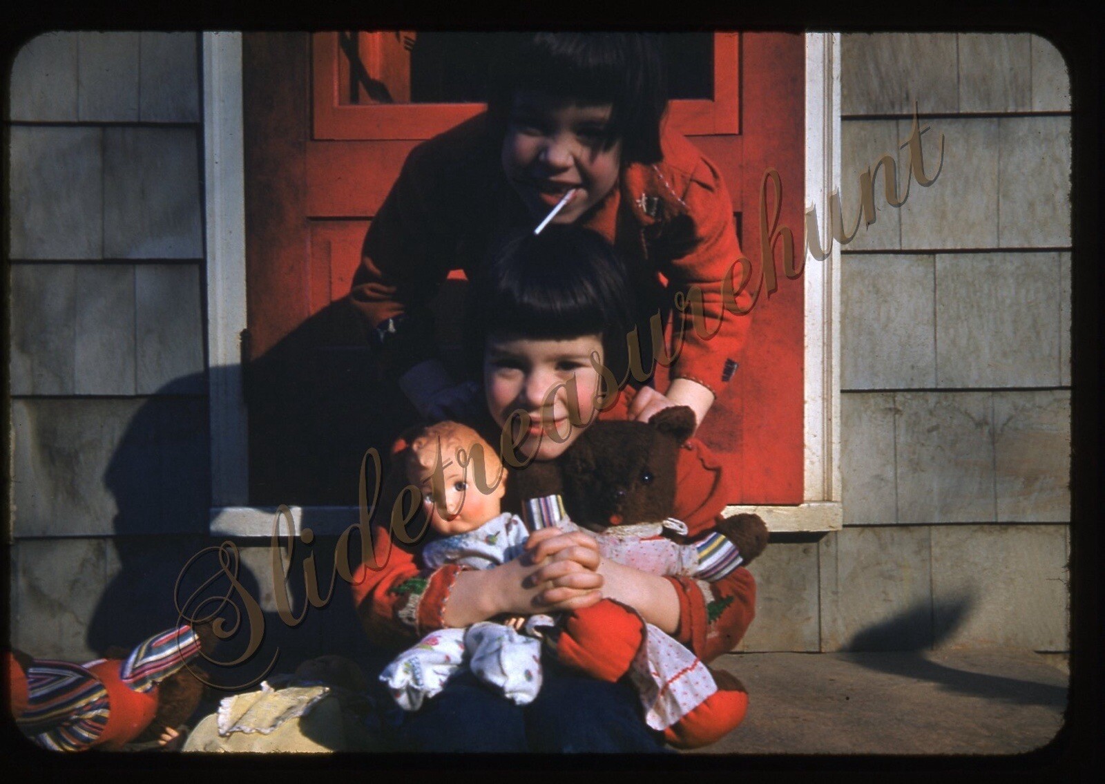 Twin Girls Dolls Toys Americana 35mm Slide 1950s Red Border Kodachrome