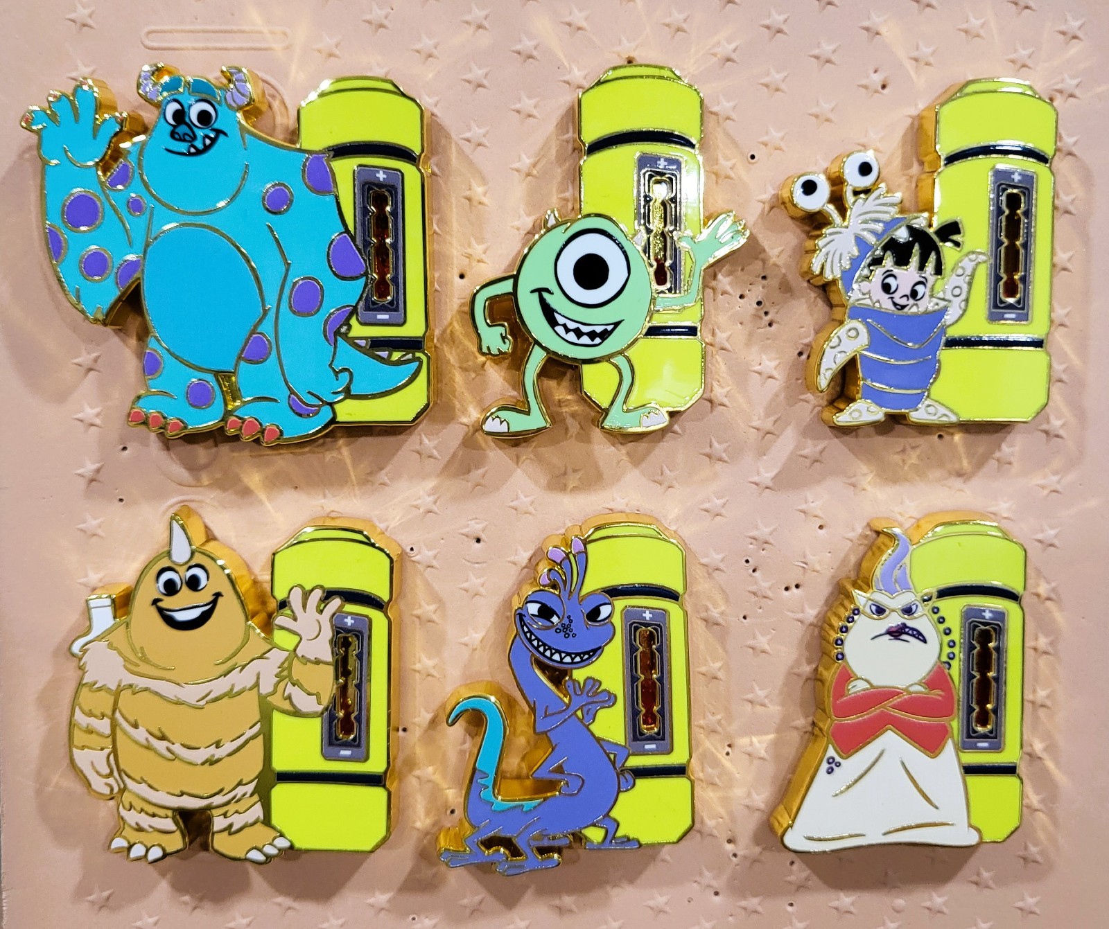Disney Pixar Monsters, Inc. Scream Canister Liquid Glitter Pin Complete Set