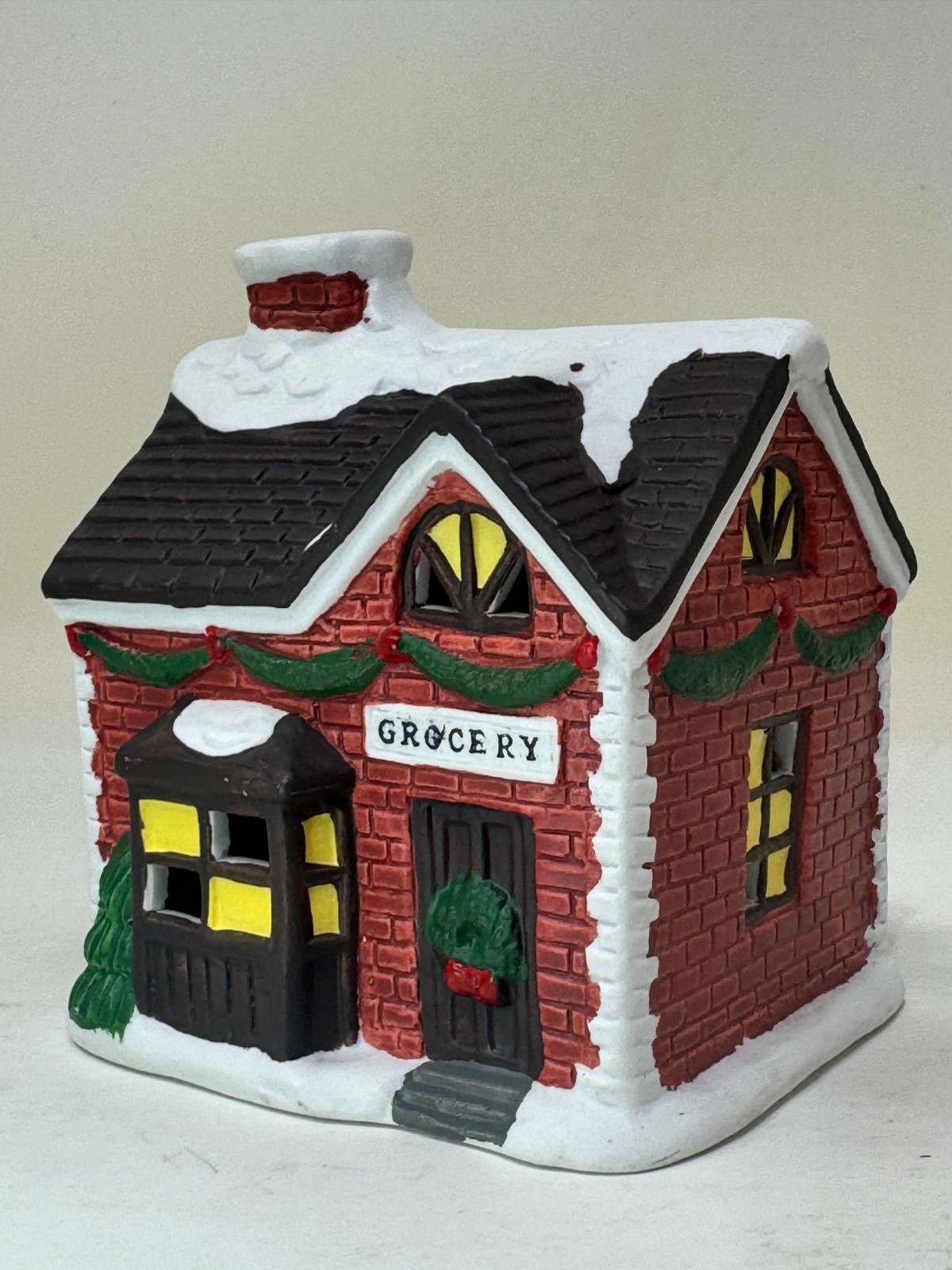 Christmas Village Grocery Store Ceramic House Red Brick Snow Holiday Decor
