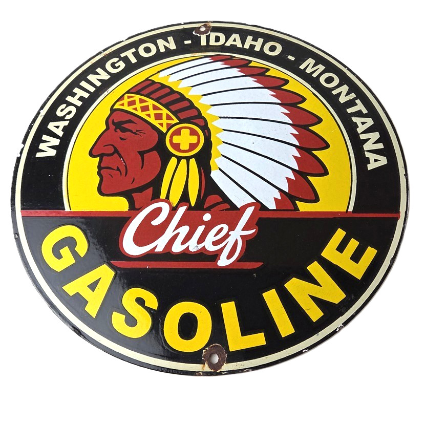 Vintage Washington Gasoline Sign – idaho Montana Chief Gas Porcelain Sign