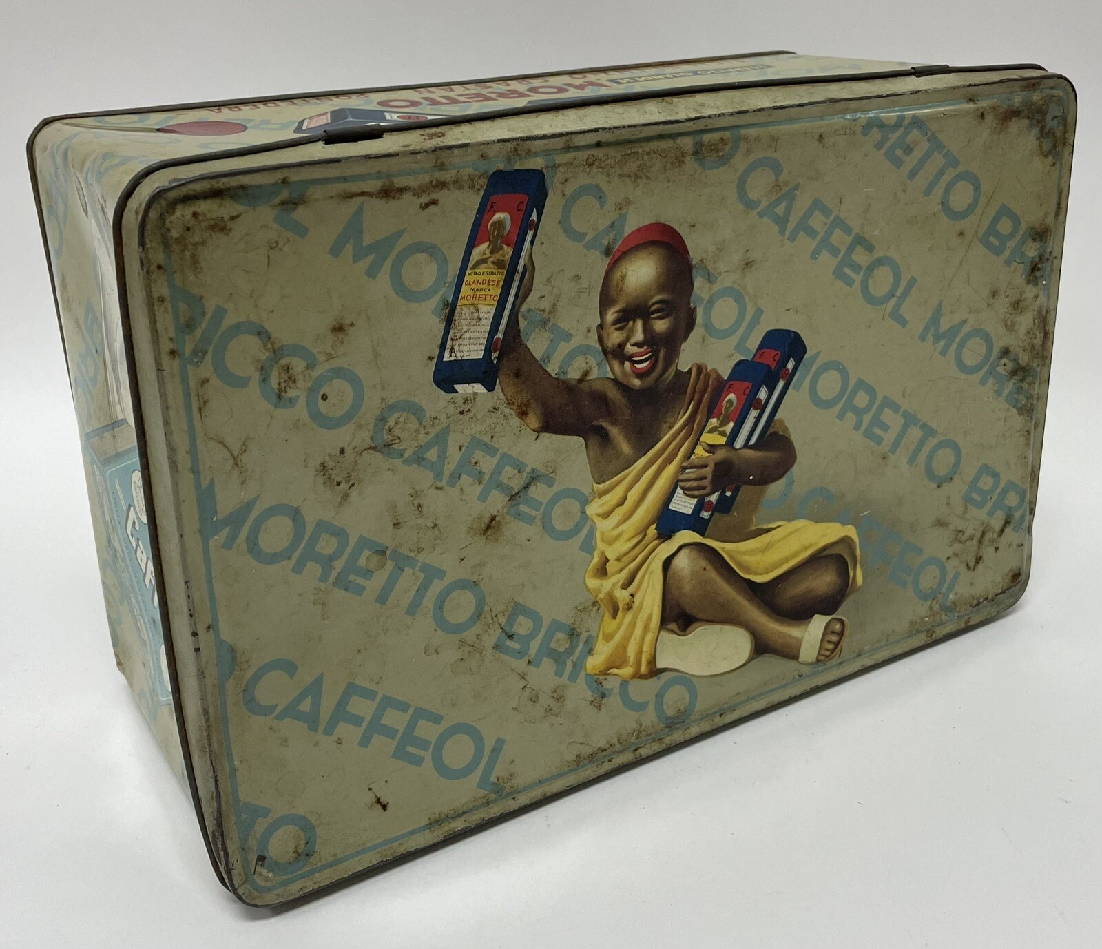 Rare VTG 1930’s Moretto Bricco Caffeol Italian Coffee Advertising Tin Box Can