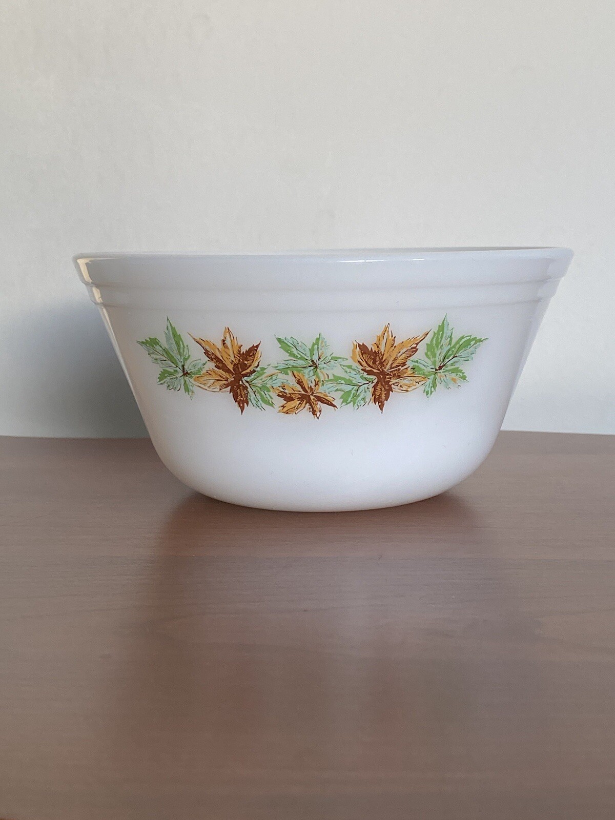 Vintage USA Federal Glass Mixing Bowl Heat Proof White, Green & Brown Maple Leaf
