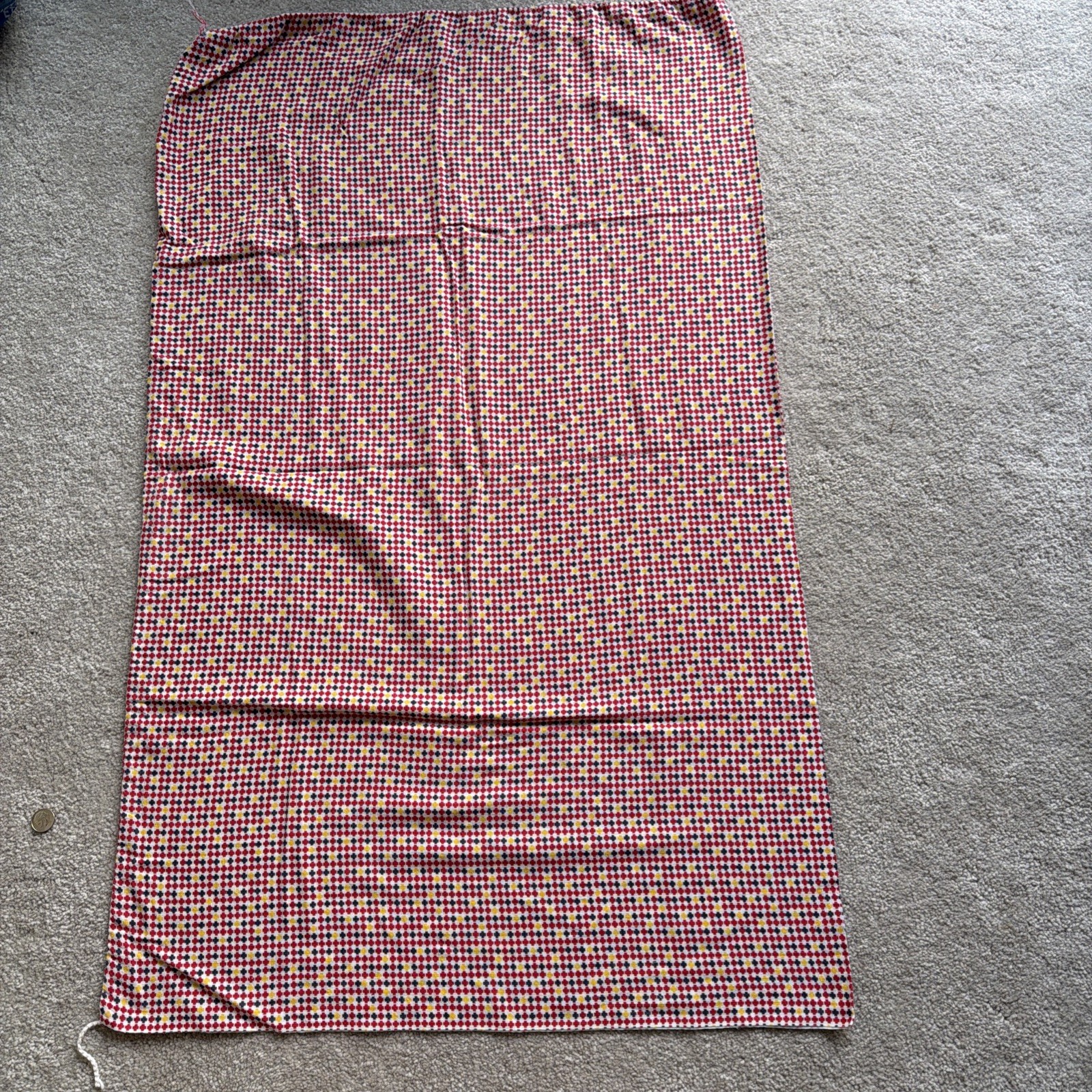 VTG Cloth FEED SACK, Complete & UnOpened Seams Cord Red Blue Plus Sign 21” x 35″