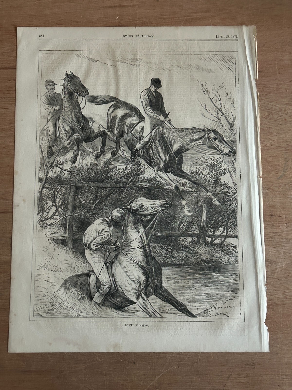 1871 Steeple Chasing Print Page Every Saturday Rough Poor Vintage Antique Orig