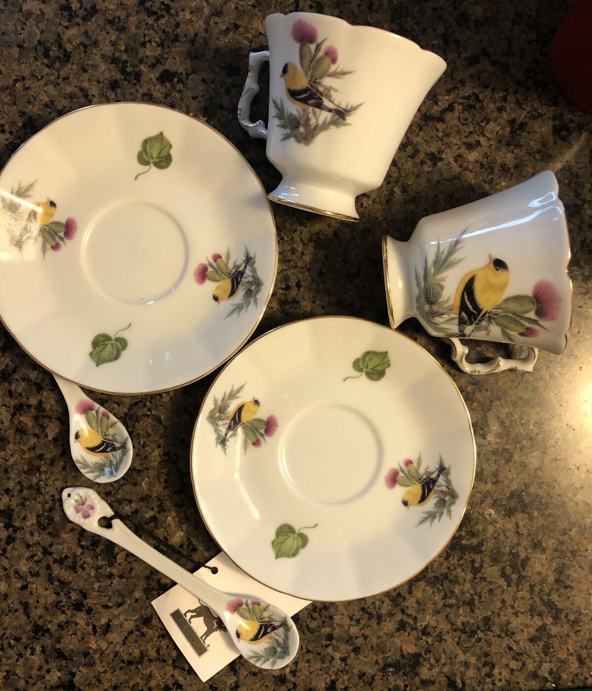 Goldfinch Thistle Fine Porcelain Tea Coffee Cups Saucers Spoons Gold Rim Set 2