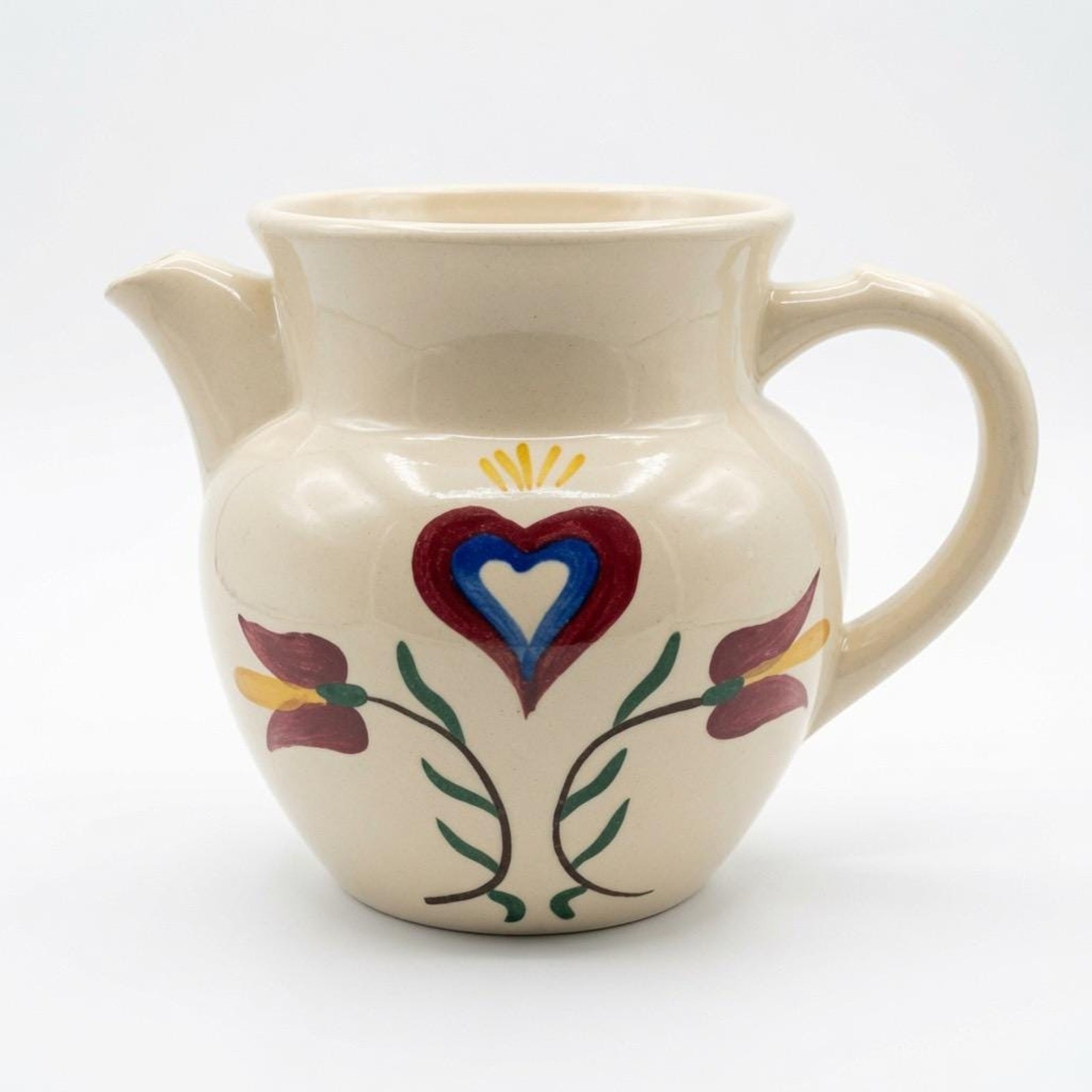 Vintage Hand-Painted Folk Art Stoneware Pitcher Heart Tulip Design Cream Pottery