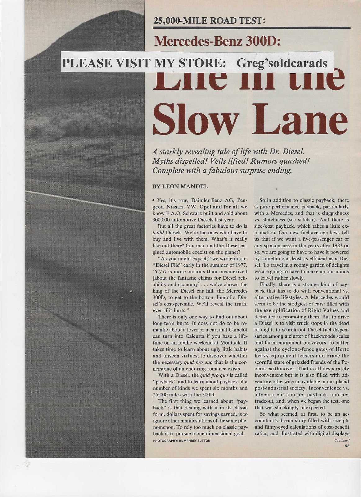 Original 1978 Mercedes Benz 300D Diesel 5 page Road Test, in print ad category