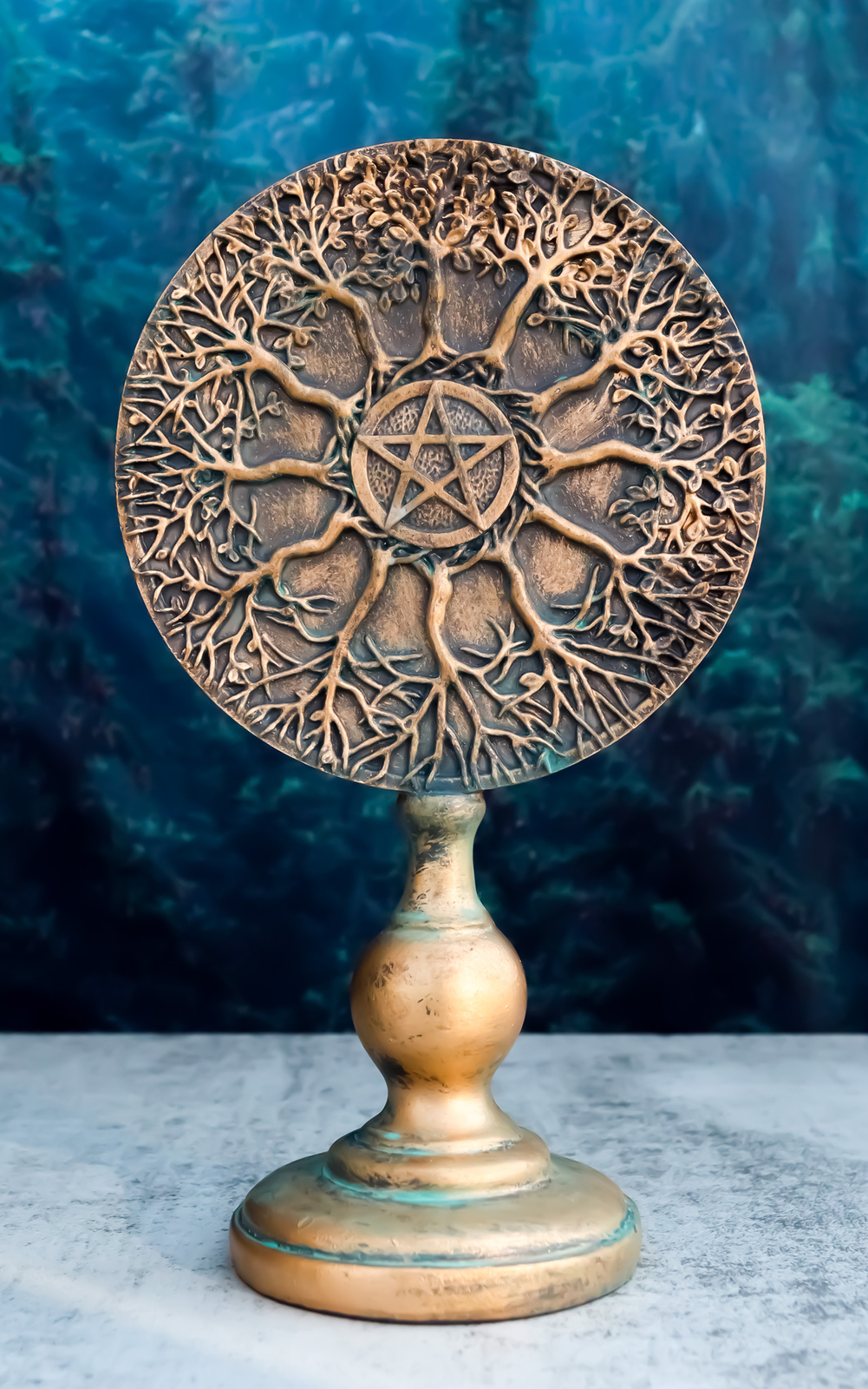 Wicca Spring Summer Fall Winter Trees Wheel of Life With Pentagram Figurine