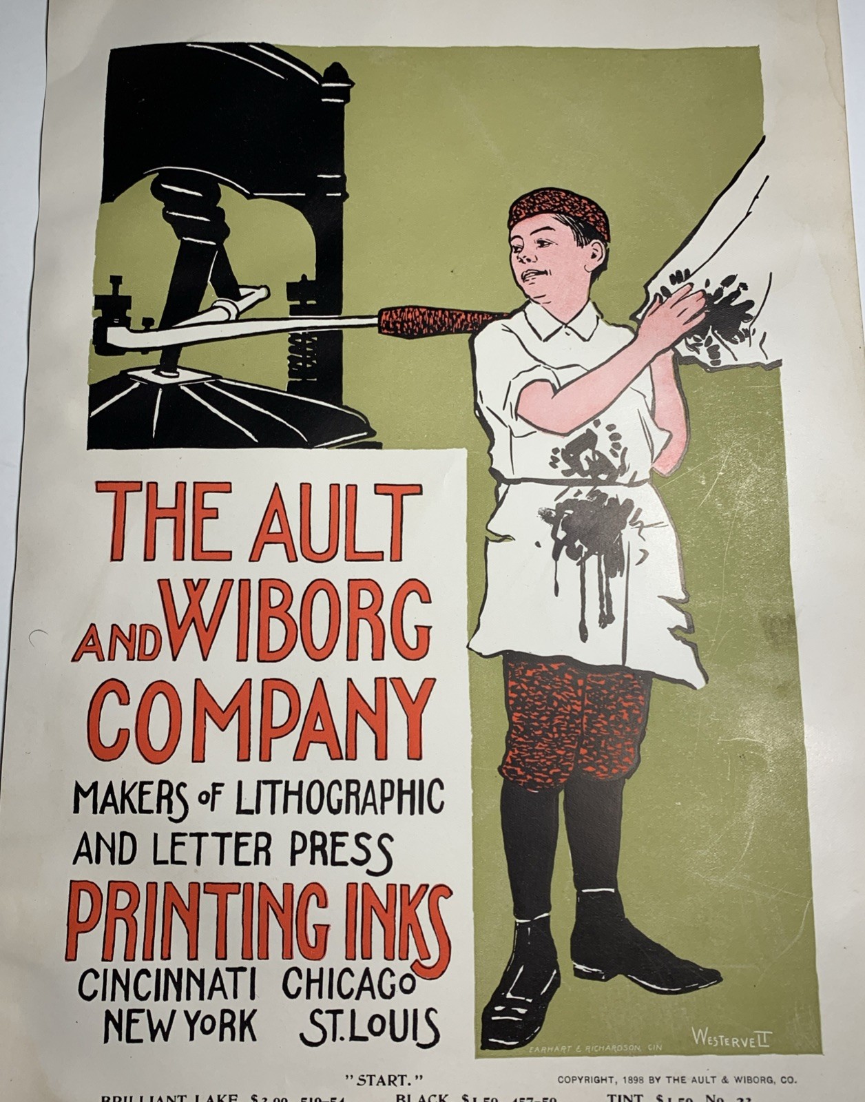 RARE Ault Wiborg Litho Printing INK Poster Sign Original Art Printing Press Man