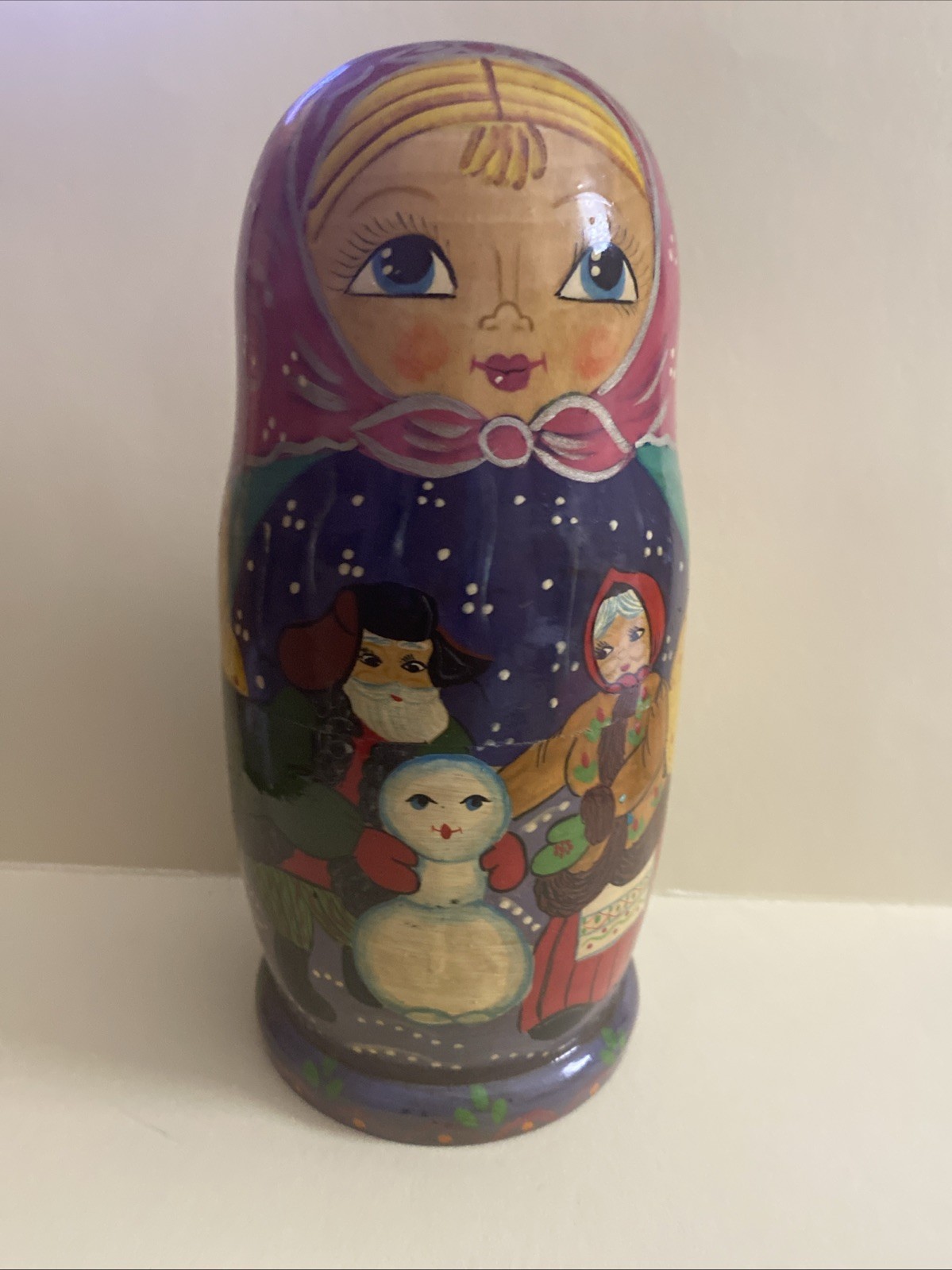Vtg Morozovo Blue/Green Floral Russian Santa&Ms Claus Nesting Doll(5 Dolls)7.5”
