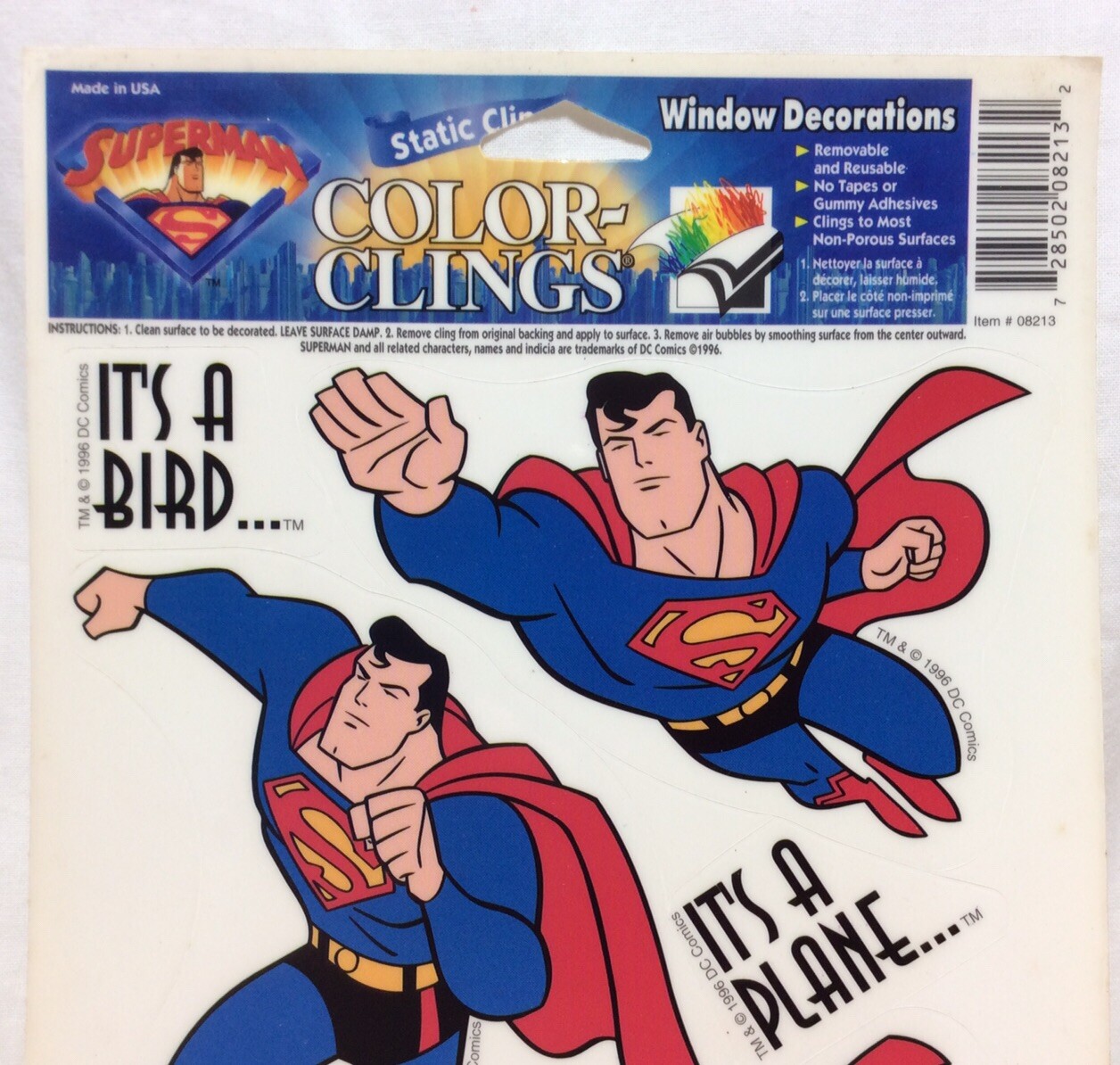 1996 SUPERMAN Color-Clings Static Cling Wall Decorations #08213 Made in the USA