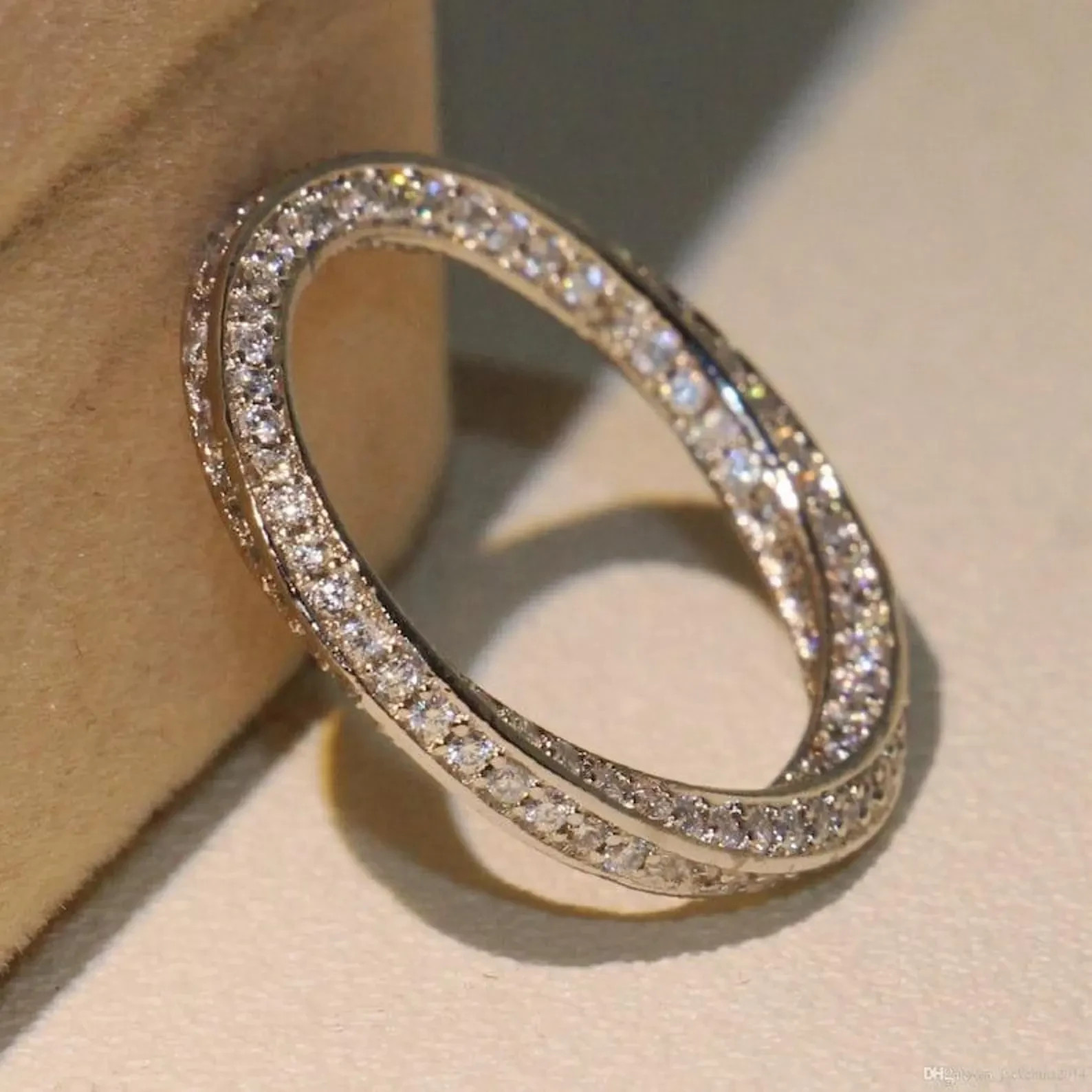 Delicate Diamond Full Eternity Twisted Wedding Band Ring in14K White Gold Over