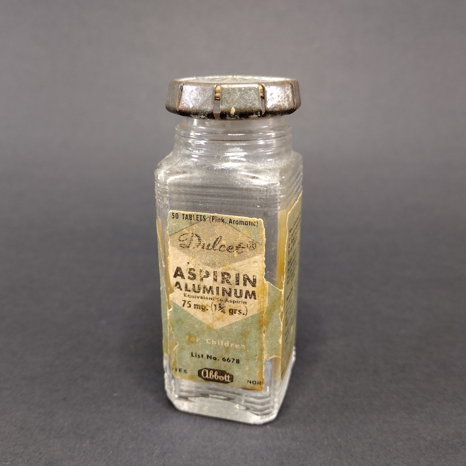 EMPTY Vtg Abbott Dulcet Aspirin Container Glass Medicine Bottle Child Proof Cap