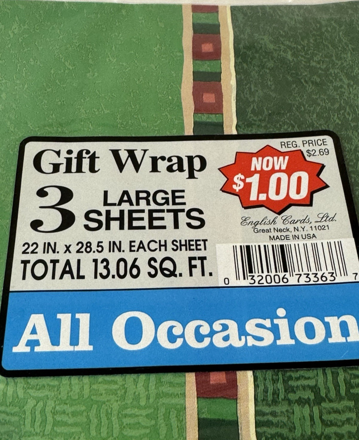 VTG English Cards Gift Wrap Green Geometric Southwestern 3 Sheets USA NOS READ
