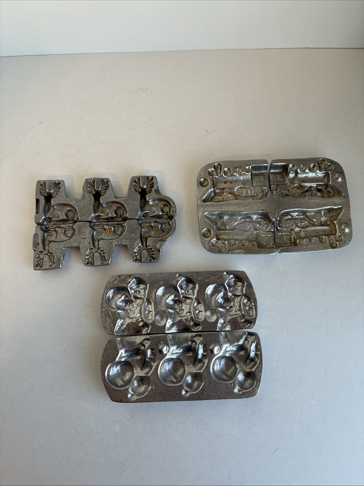 3 Vintage Metal Chocolate Candy Christmas Pour Molds Small Santa Train